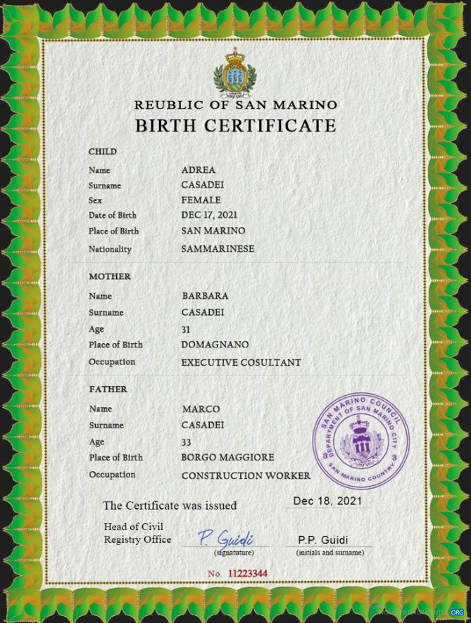 Download San Marino birth certificate PSD template Photoshop template